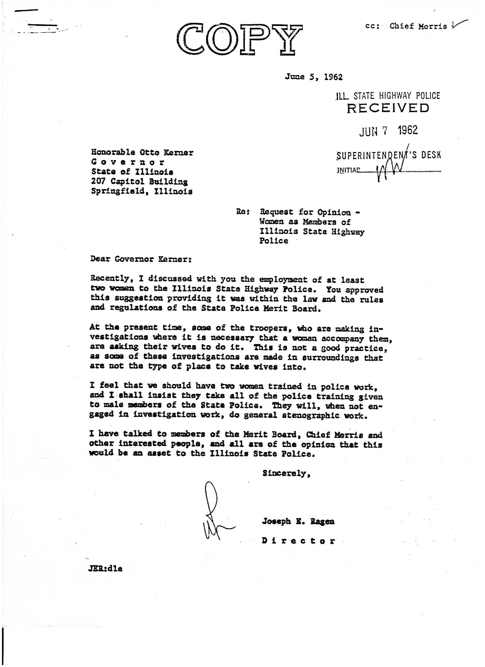 Letter to Then Governor Kerner Letter to Then Governor Kerner Regarding Female Officers in ISP